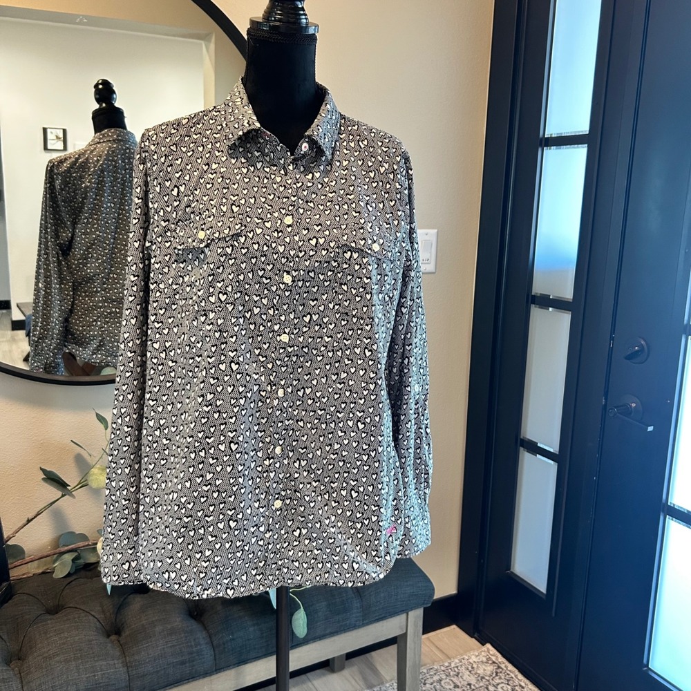 Talbots Womens 16 Black White Heart Print Cotton Button Down Shirt Dragonfly